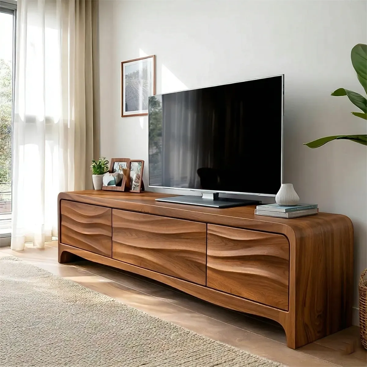 Handcrafted Solid Wood TV Stand with Sculpted Wave Panels and Rounded Frame Design - Rustirawood
