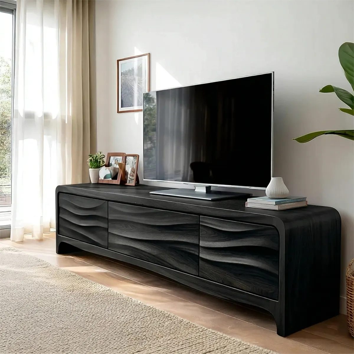 Handcrafted Solid Wood TV Stand with Sculpted Wave Panels and Rounded Frame Design - Rustirawood