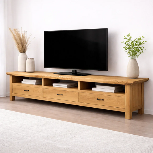 Handcrafted Solid Wood TV Stand with Spacious Drawers and Open Media Storage - Woodrooted