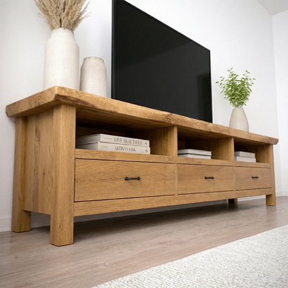 Handcrafted Solid Wood TV Stand with Spacious Drawers and Open Media Storage - Rustirawood
