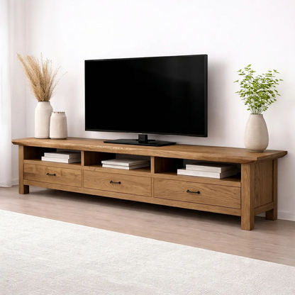 Handcrafted Solid Wood TV Stand with Spacious Drawers and Open Media Storage - Rustirawood