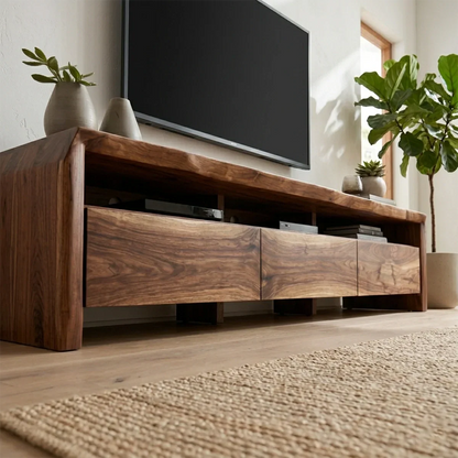 Handcrafted Solid Wood TV Stand with Thick Top and Curved Side Legs - Rustirawood