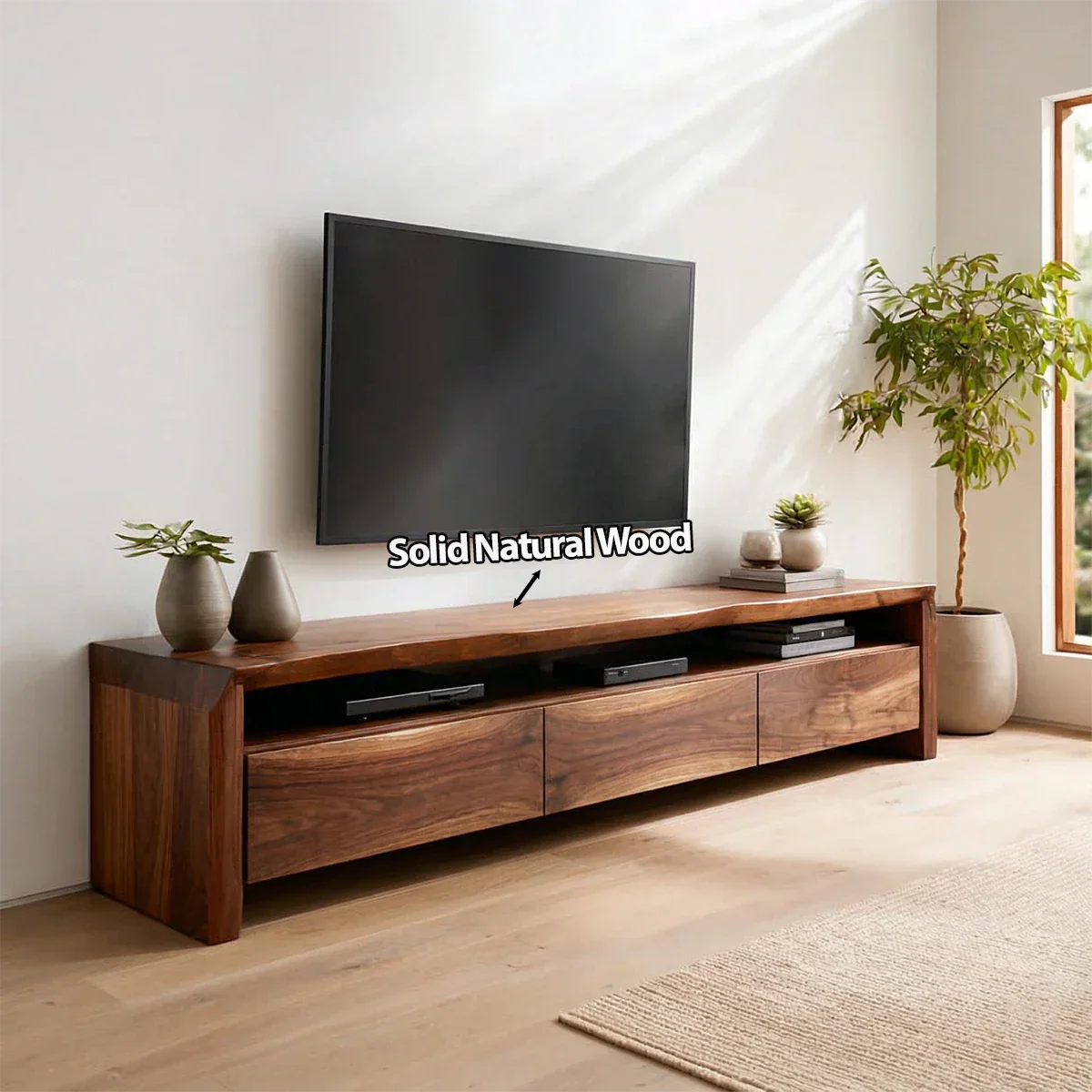 Handcrafted Solid Wood TV Stand with Thick Top and Curved Side Legs - Rustirawood