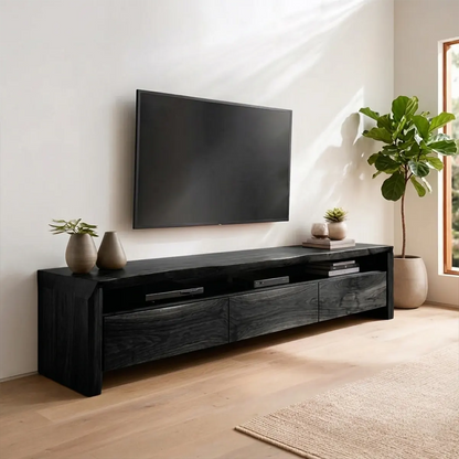 Handcrafted Solid Wood TV Stand with Thick Top and Curved Side Legs - Rustirawood