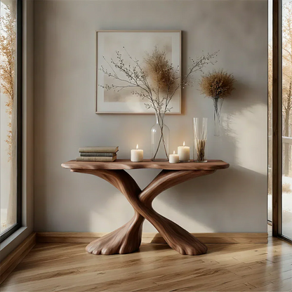 Handcrafted Solid Wood Twisted Sculptural Console – Japandi Art Form - Rustirawood