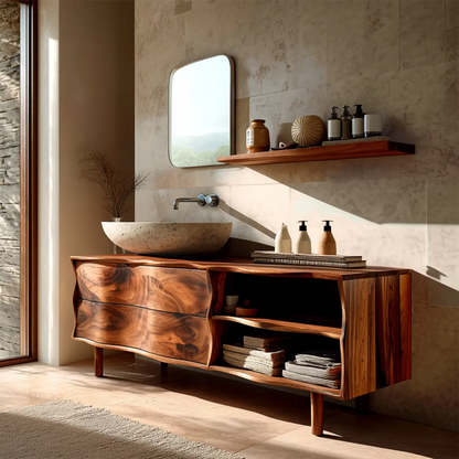 Handcrafted Traditional Bathroom Vanity Cabinet in Natural Solid Wood - Rustirawood