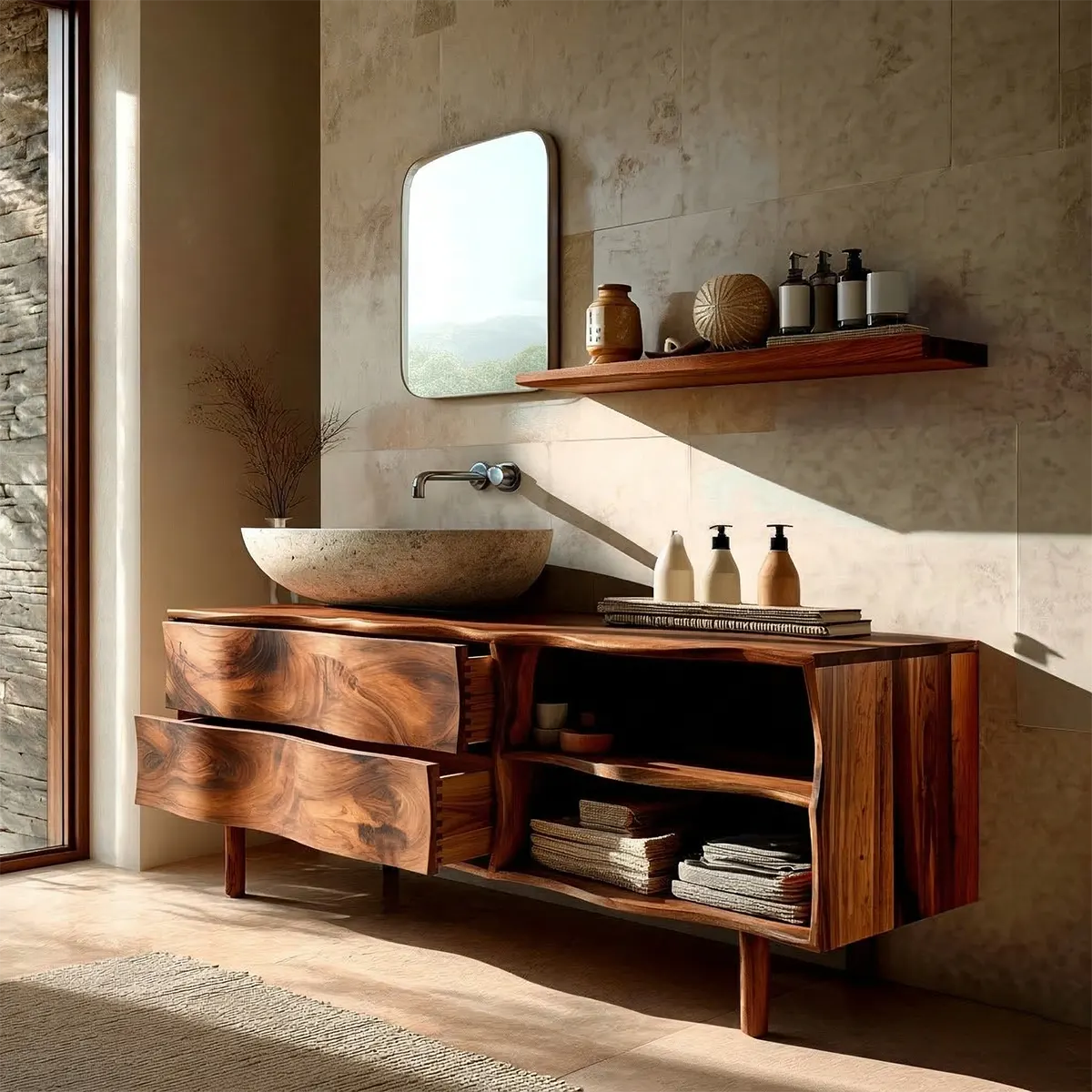 Handcrafted Traditional Bathroom Vanity Cabinet in Natural Solid Wood - Rustirawood