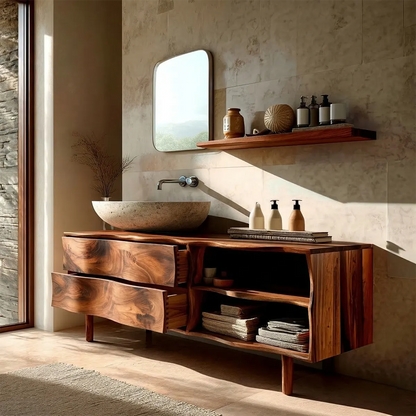 Handcrafted Traditional Bathroom Vanity Cabinet in Natural Solid Wood - Rustirawood