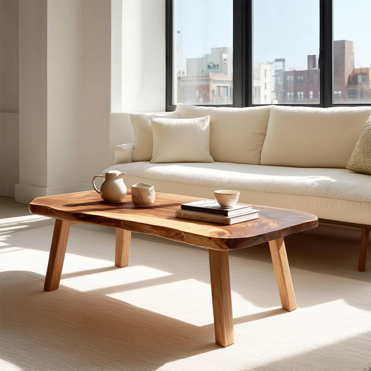 Japandi Live Edge Coffee Table with Straight Legs in Natural Solid Wood - Rustirawood