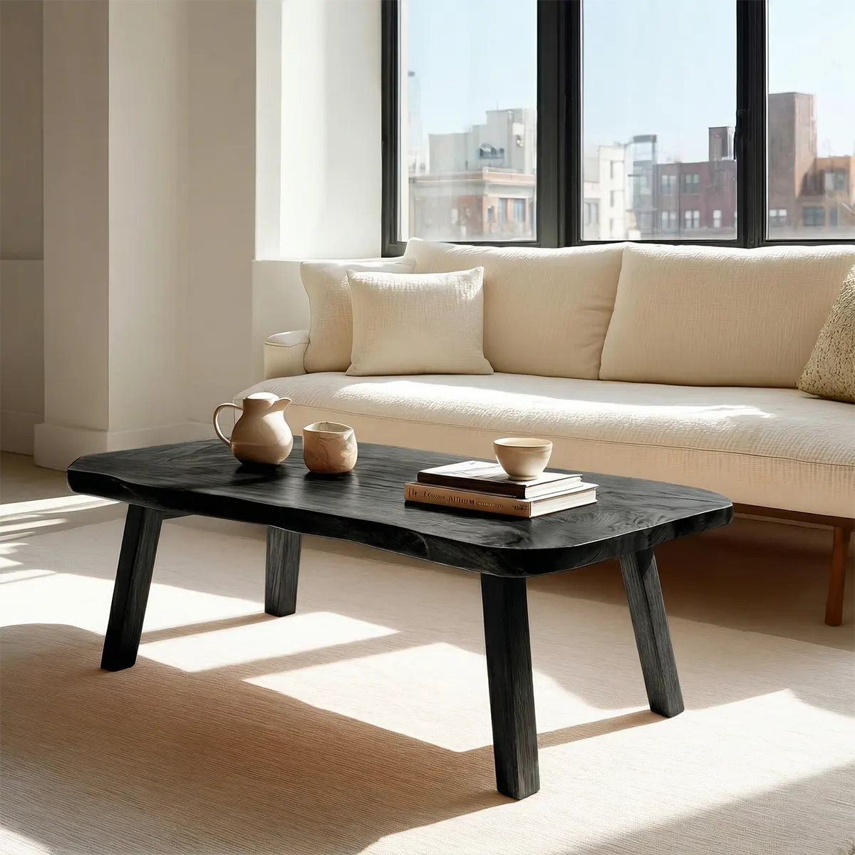 Japandi Live Edge Coffee Table with Straight Legs in Natural Solid Wood - Rustirawood