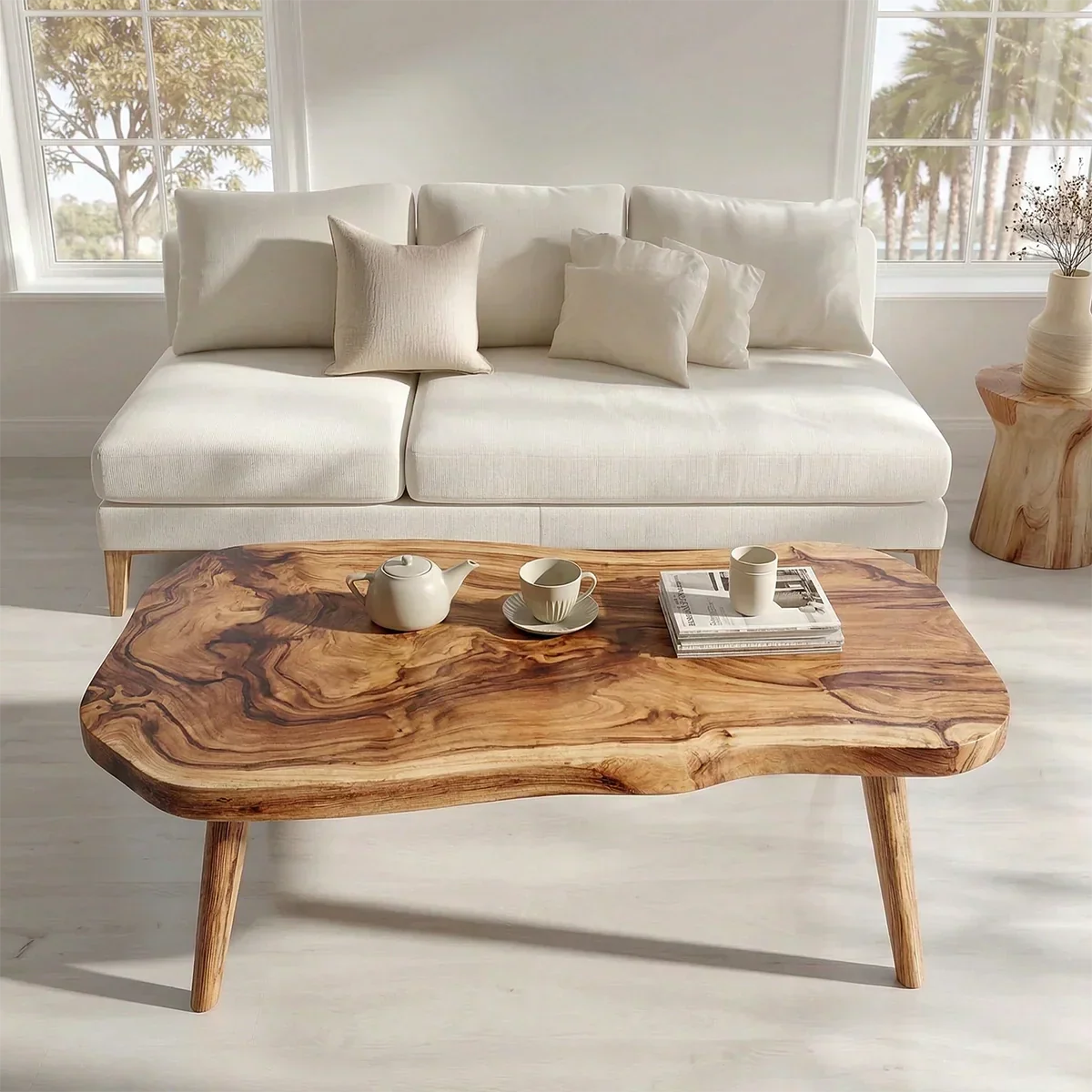 Japandi Live Edge Coffee Table with Tapered Legs in Natural Solid Wood - Rustirawood