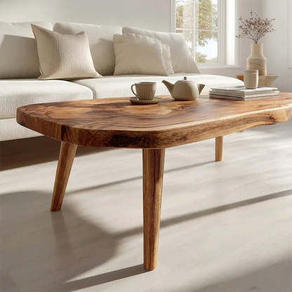 Japandi Live Edge Coffee Table with Tapered Legs in Natural Solid Wood - Rustirawood