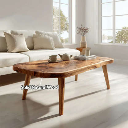 Japandi Live Edge Coffee Table with Tapered Legs in Natural Solid Wood - Rustirawood