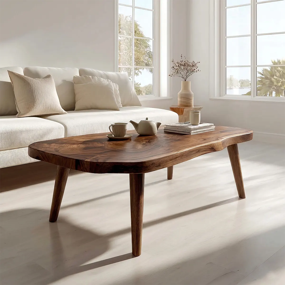Japandi Live Edge Coffee Table with Tapered Legs in Natural Solid Wood - Rustirawood