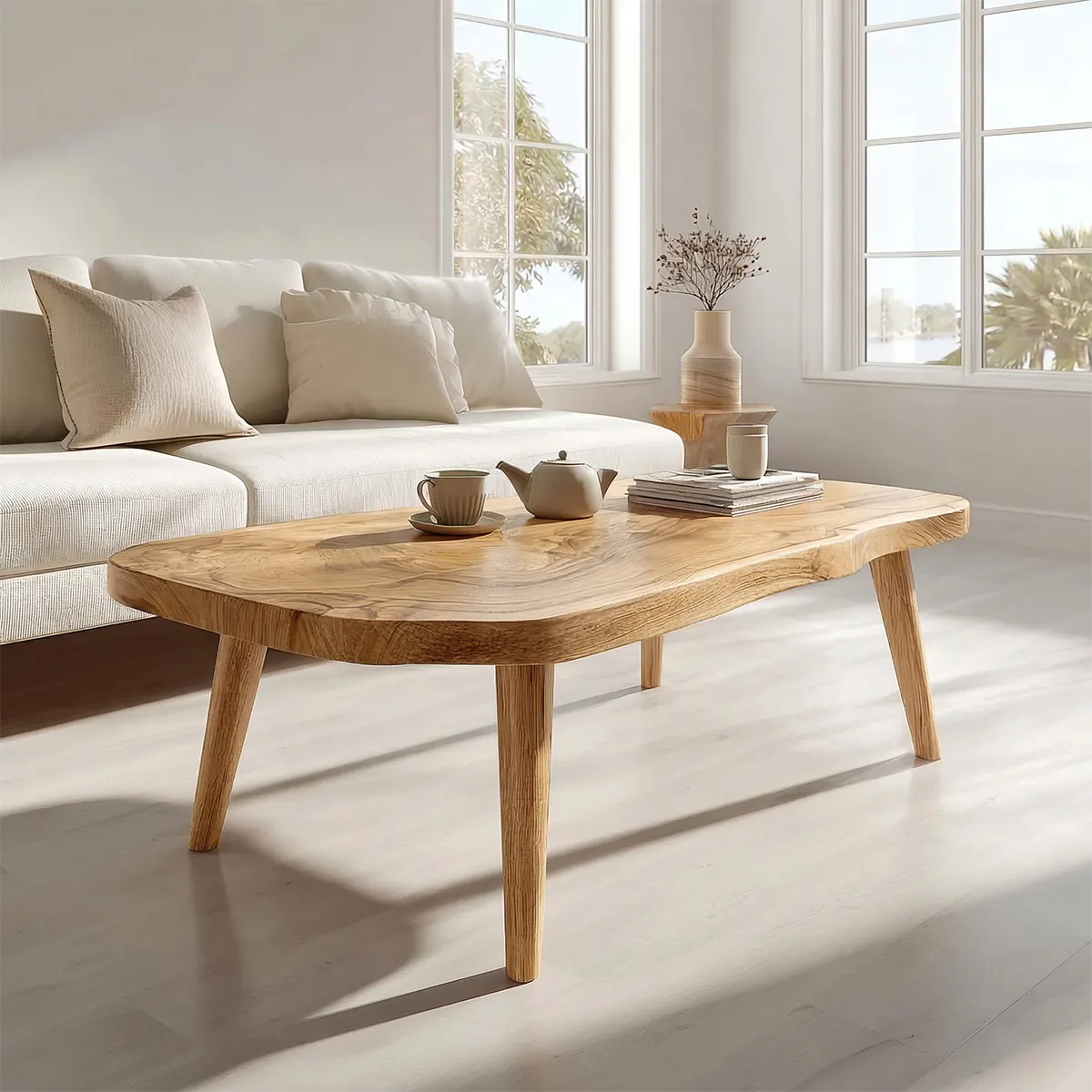 Japandi Live Edge Coffee Table with Tapered Legs in Natural Solid Wood - Rustirawood