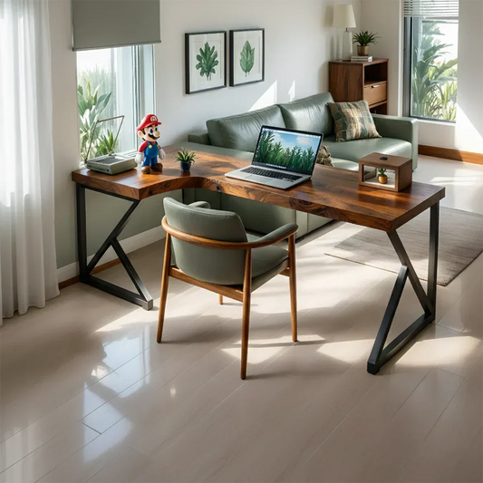 L-Shaped Solid Wood Desk with Steel Z-Frame - Woodrooted