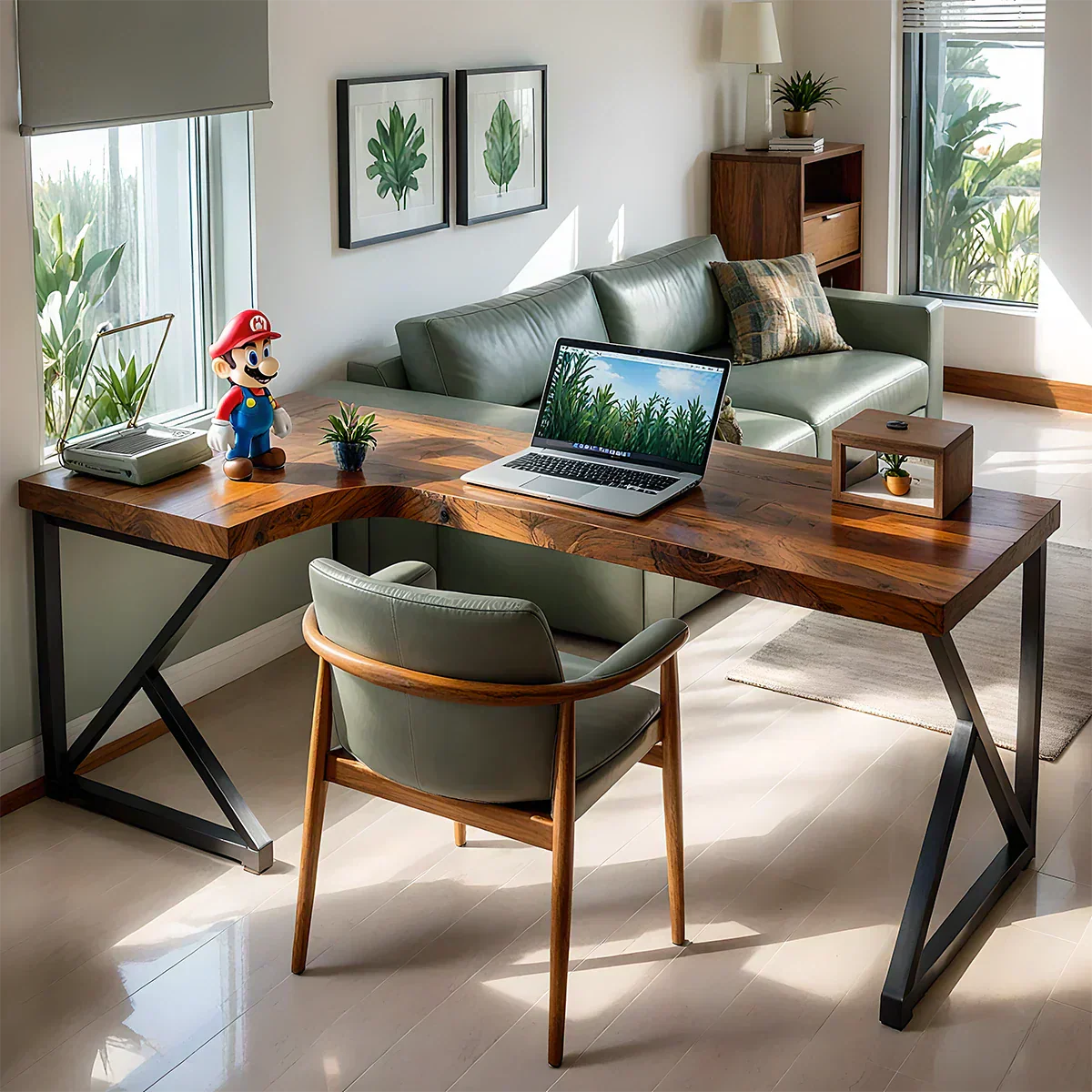 L-Shaped Solid Wood Desk with Steel Z-Frame - Rustirawood