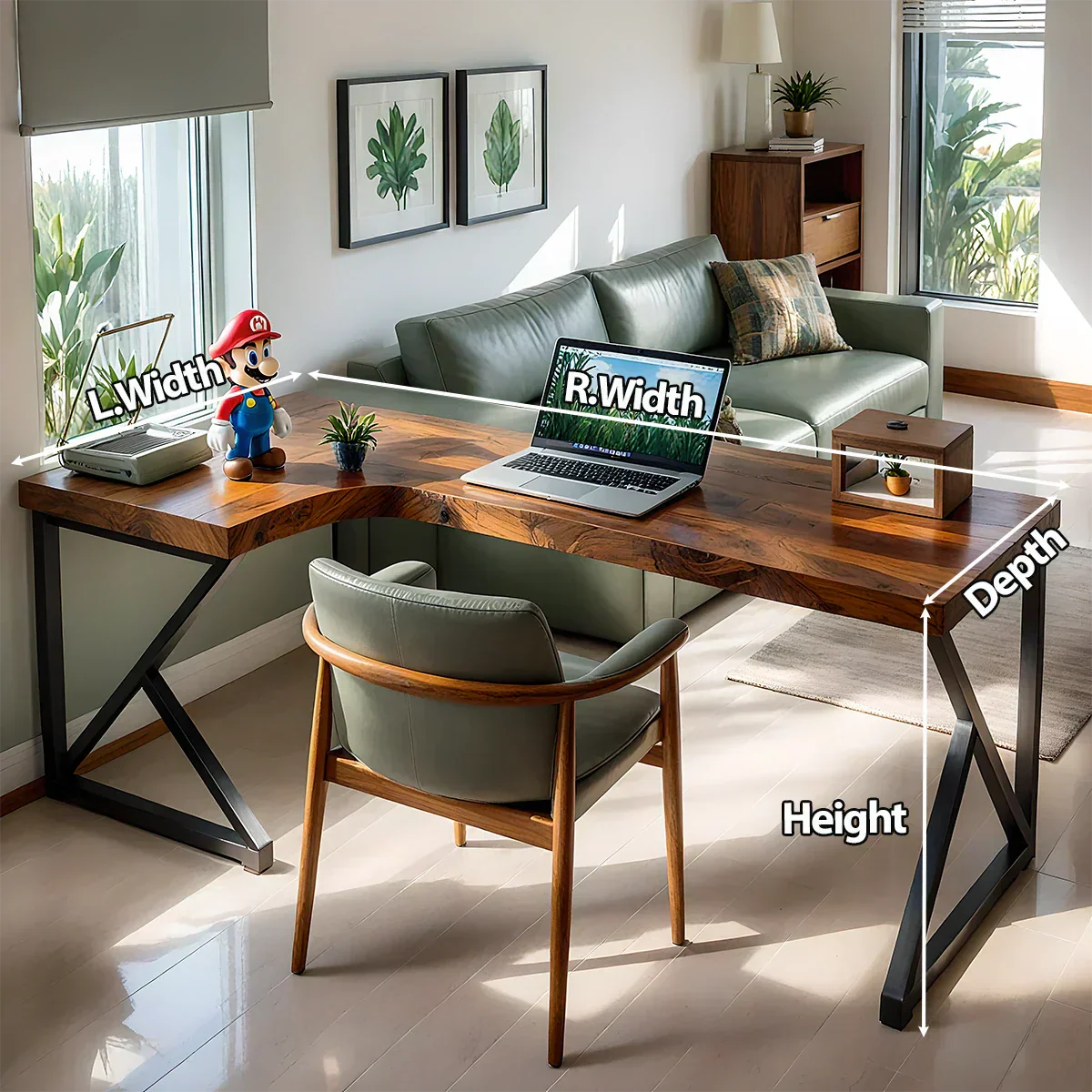 L-Shaped Solid Wood Desk with Steel Z-Frame - Rustirawood