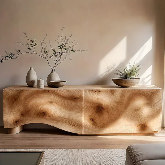 Light Burl Wave Solid Wood TV Console – Minimal Organic Design - Woodrooted