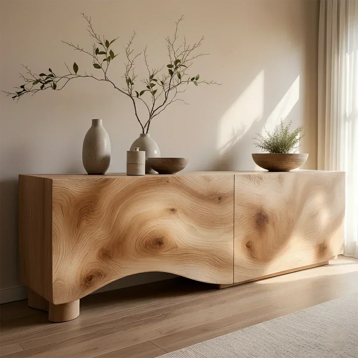Light Burl Wave Solid Wood TV Console – Minimal Organic Design - Rustirawood