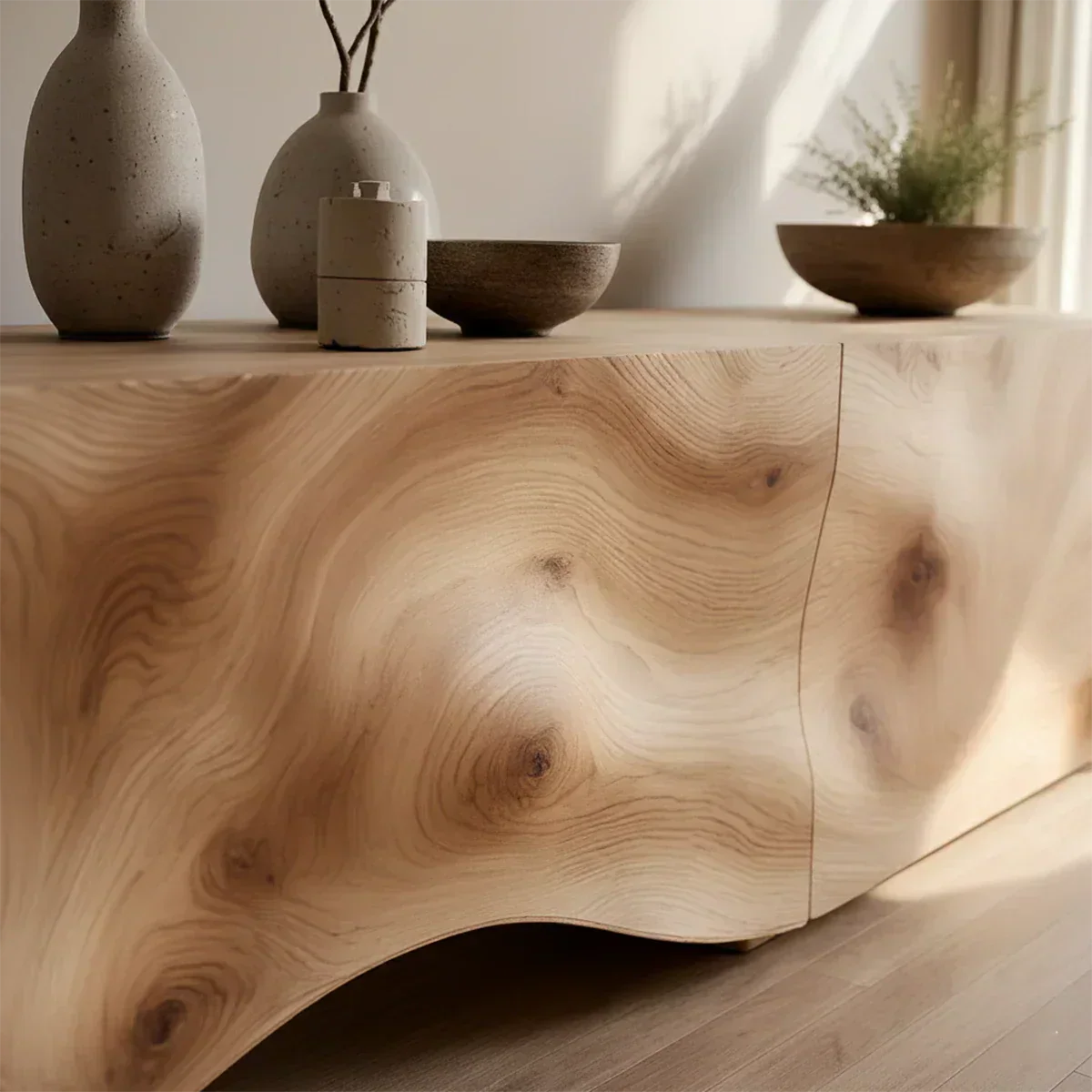 Light Burl Wave Solid Wood TV Console – Minimal Organic Design - Rustirawood