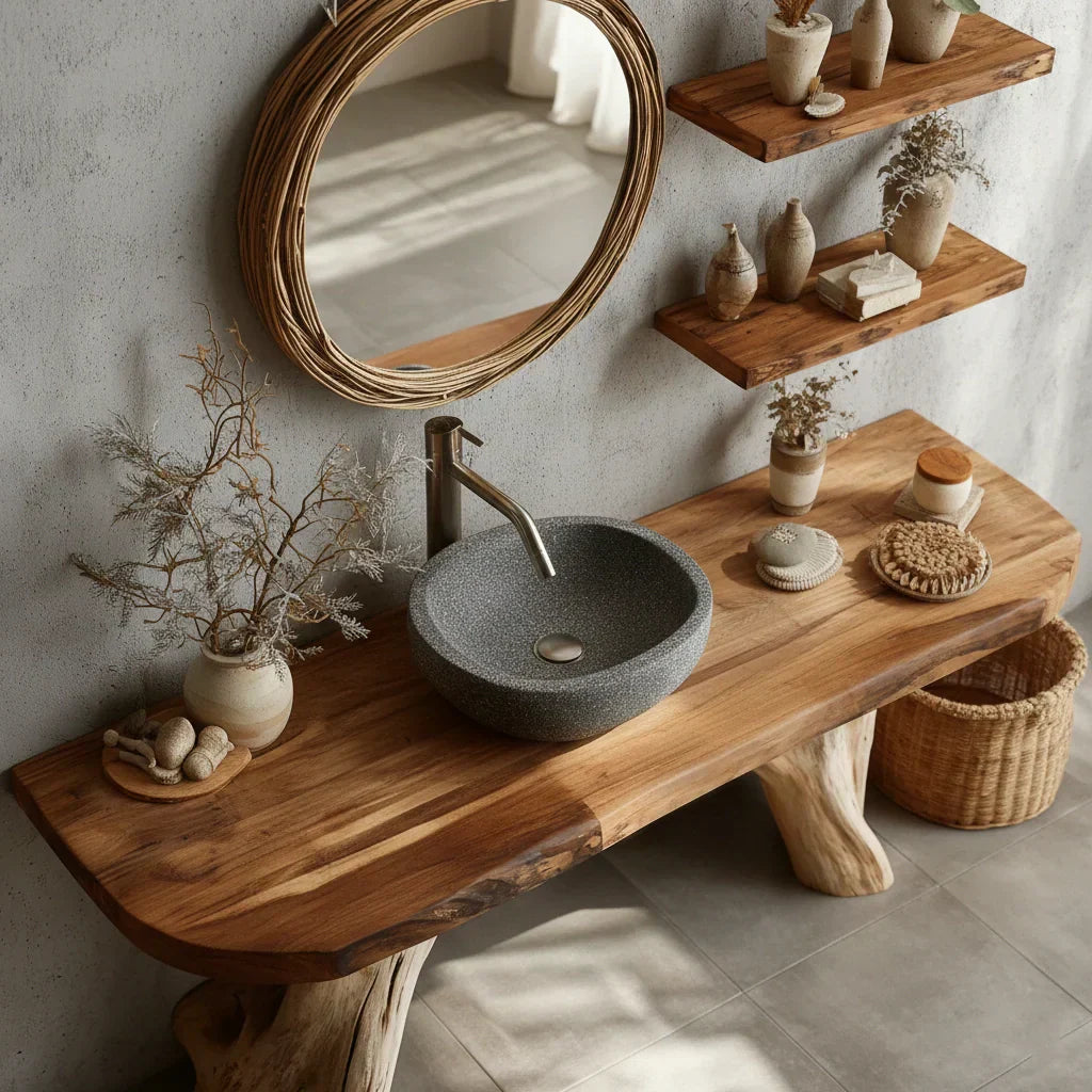 Live-Edge Natural Solid Wood Bathroom Vanity – Handcrafted Base - Rustirawood