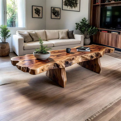 Live-Edge Natural Solid Wood Coffee Table – Handcrafted Slab Design - Rustirawood