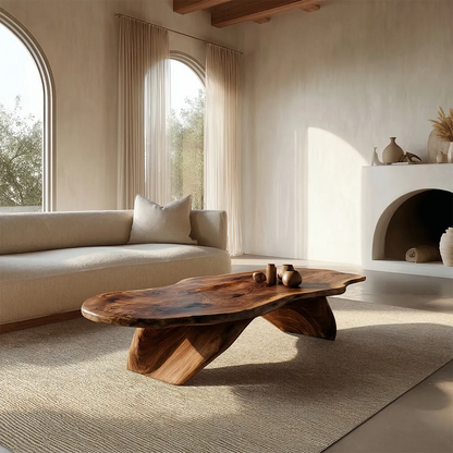 Live Edge Natural Solid Wood Coffee Table with Organic Sculptural Base - Rustirawood
