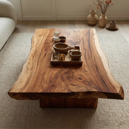Live Edge Natural Solid Wood Coffee Table with Sculptural Block Base - Rustirawood