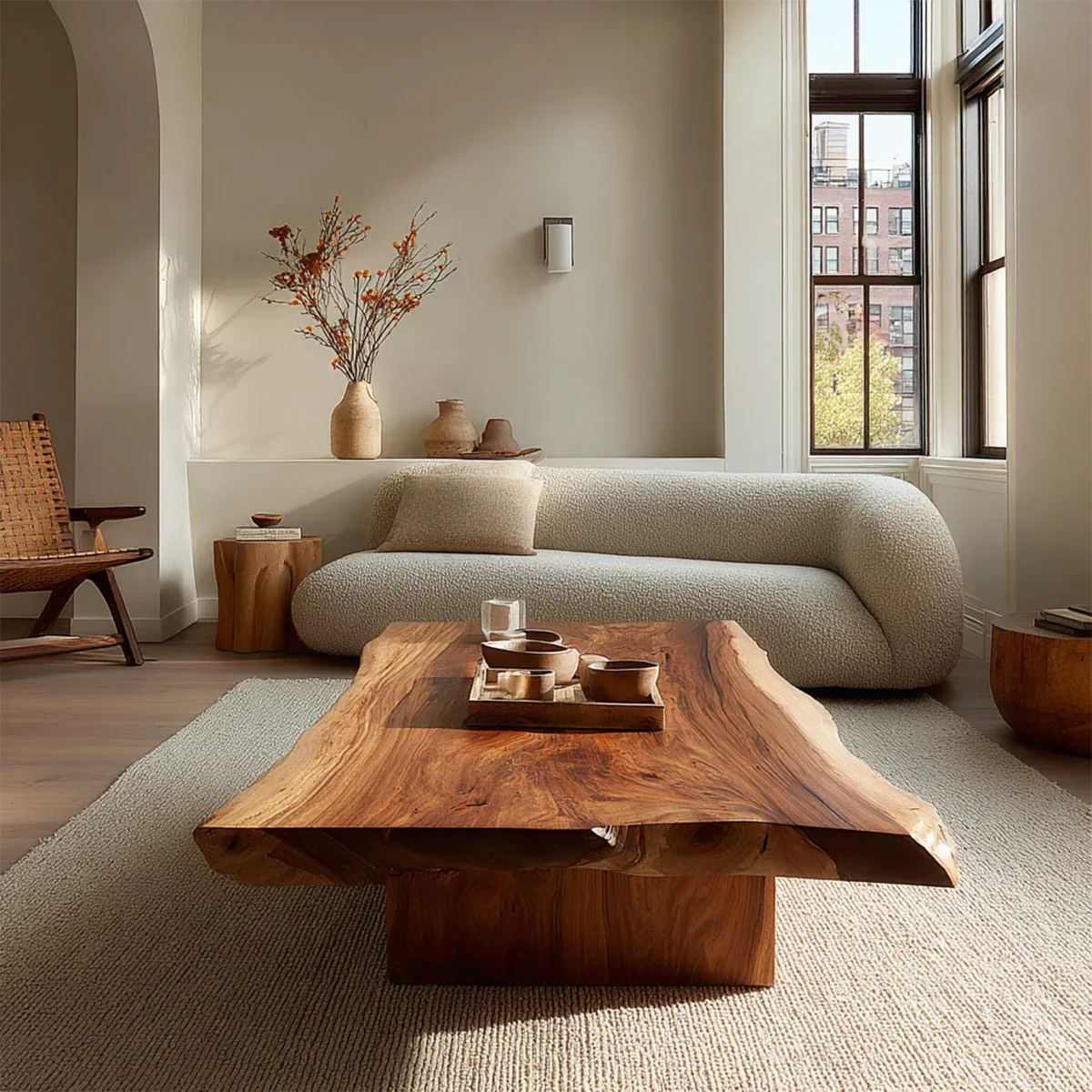 Live Edge Natural Solid Wood Coffee Table with Sculptural Block Base - Rustirawood