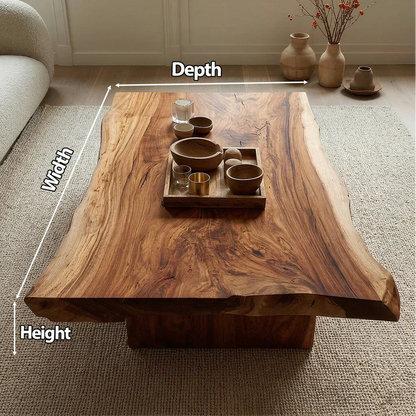 Live Edge Natural Solid Wood Coffee Table with Sculptural Block Base - Rustirawood