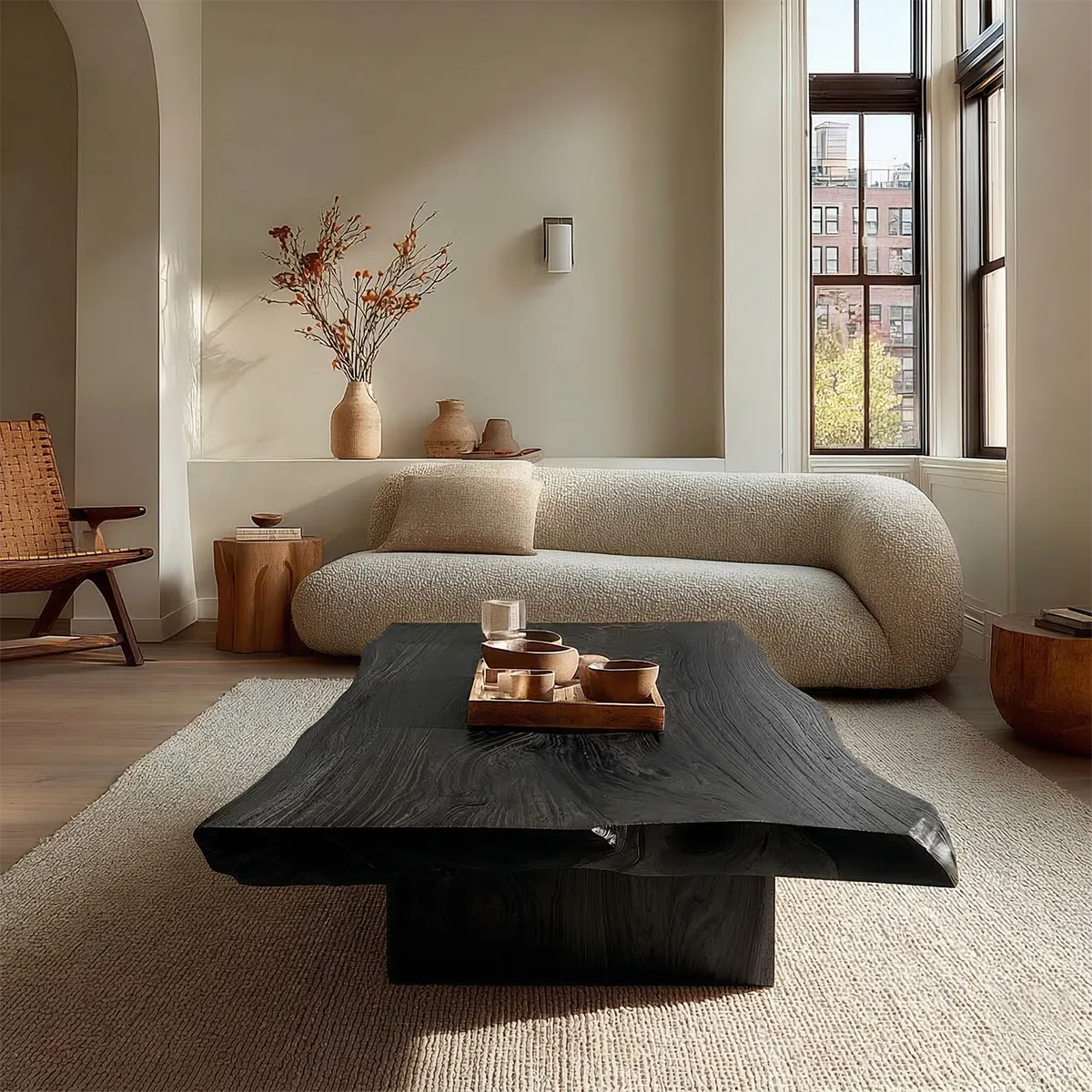Live Edge Natural Solid Wood Coffee Table with Sculptural Block Base - Rustirawood