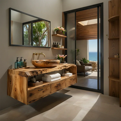 Live Edge Natural Solid Wood Floating Bathroom Vanity - Rustirawood