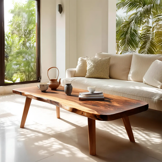Live Edge Slab Coffee Table with Angled Legs in Natural Solid Wood - Rustirawood