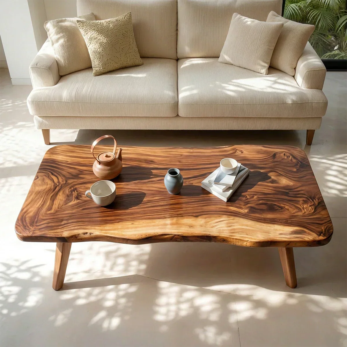 Live Edge Slab Coffee Table with Angled Legs in Natural Solid Wood - Rustirawood