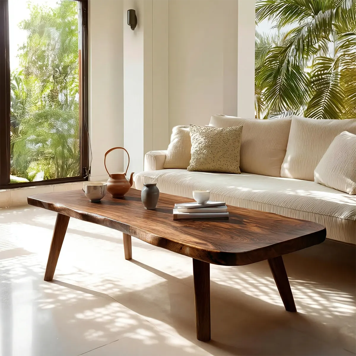 Live Edge Slab Coffee Table with Angled Legs in Natural Solid Wood - Rustirawood