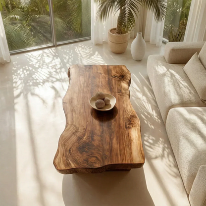 Live Edge Slab Coffee Table with Double Block Base in Natural Solid Wood - Rustirawood
