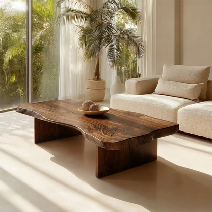 Live Edge Slab Coffee Table with Double Block Base in Natural Solid Wood - Rustirawood