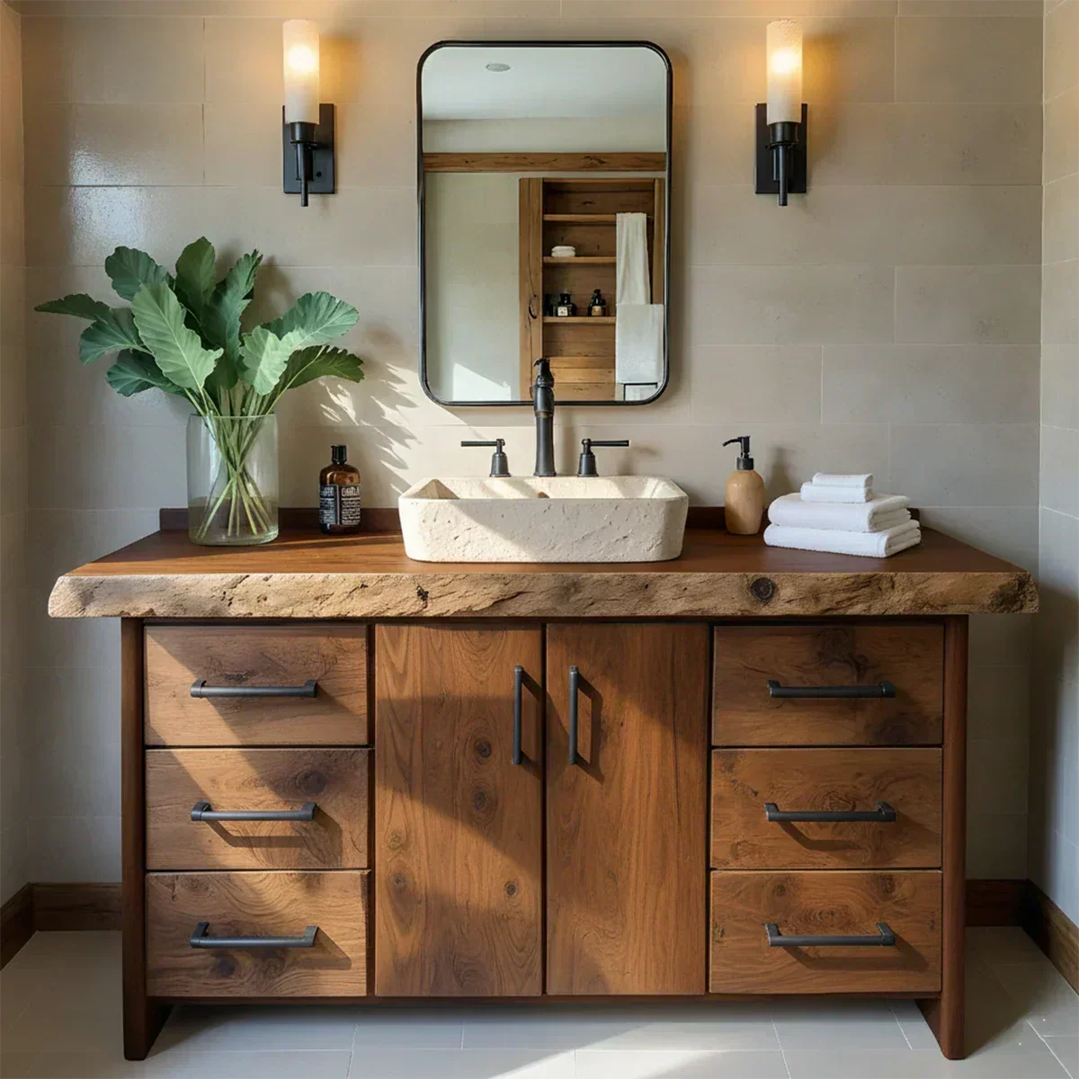 Live Edge Solid Wood Bathroom Vanity – Rustic Wabi-Sabi Cabinet - Rustirawood