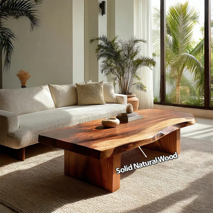Live Edge Solid Wood Coffee Table with Thick Slab Top and Block Base - Rustirawood