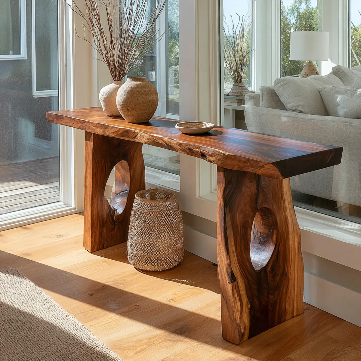 Live Edge Solid Wood Console Table with Sculptural Organic Base - Woodenecho
