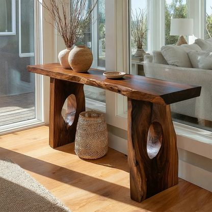 Live Edge Solid Wood Console Table with Sculptural Organic Base - Woodenecho