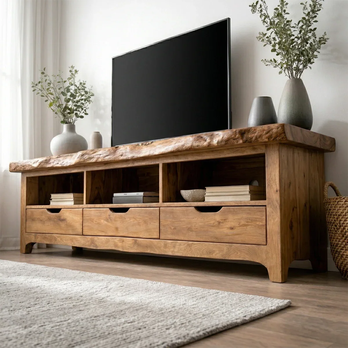 Live Edge Solid Wood TV Stand with Drawers and Open Storage - Rustirawood