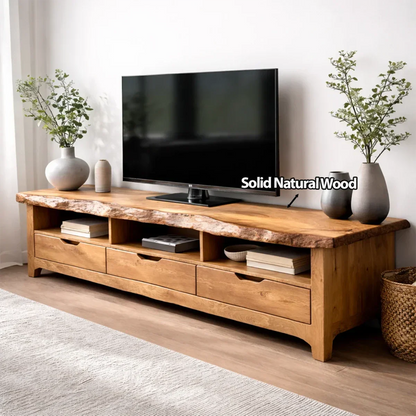 Live Edge Solid Wood TV Stand with Drawers and Open Storage - Rustirawood