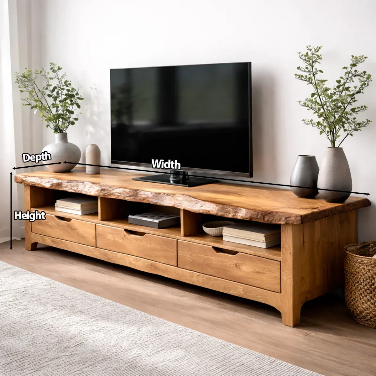 Live Edge Solid Wood TV Stand with Drawers and Open Storage - Rustirawood