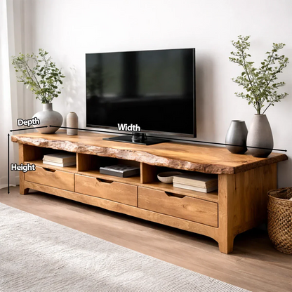 Live Edge Solid Wood TV Stand with Drawers and Open Storage - Rustirawood