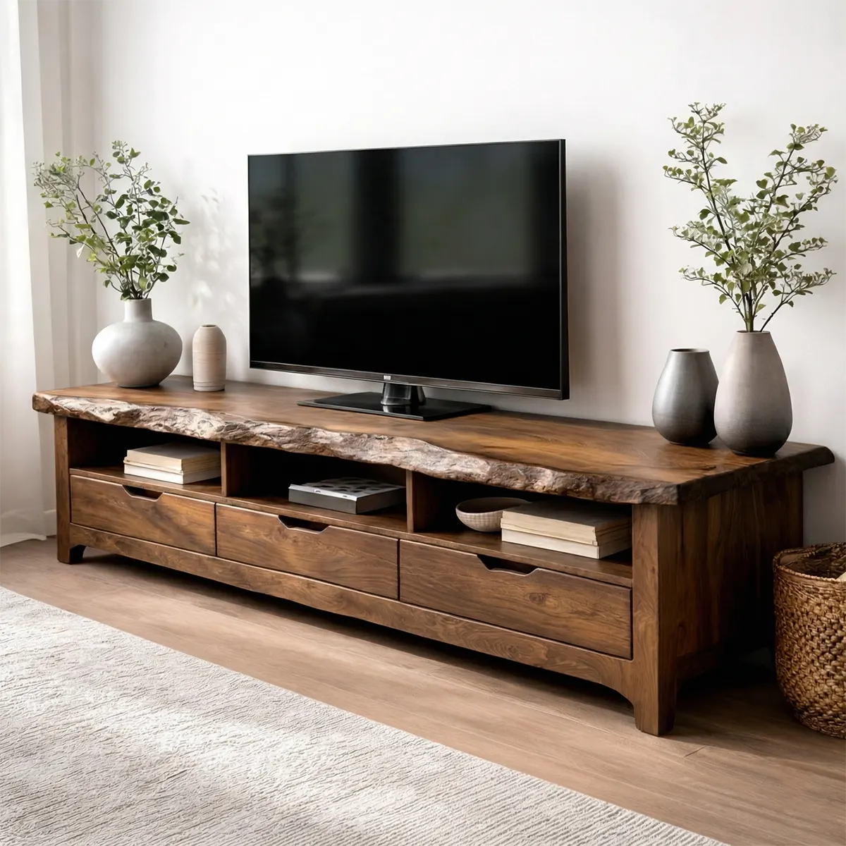 Live Edge Solid Wood TV Stand with Drawers and Open Storage - Rustirawood