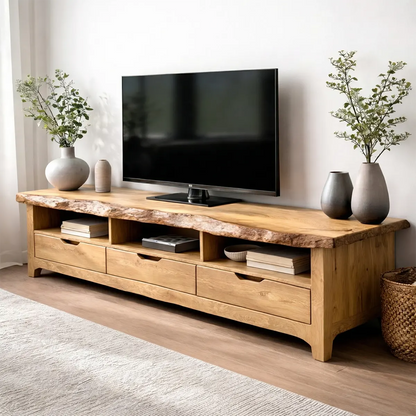 Live Edge Solid Wood TV Stand with Drawers and Open Storage - Rustirawood