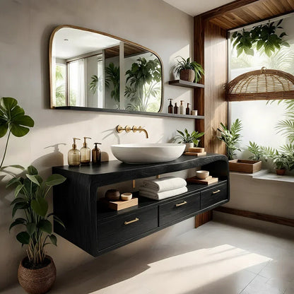 Live-Edge Walnut Finish Floating Bathroom Vanity - Solid Wood Bathroom Cabinet - Rustirawood