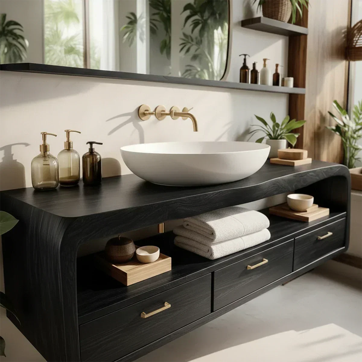 Live-Edge Walnut Finish Floating Bathroom Vanity - Solid Wood Bathroom Cabinet - Rustirawood